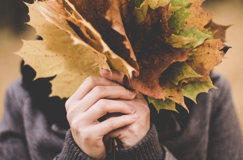 「Instagramの秋の写真のアイデア、たくさんの葉」