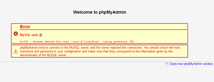 「phpMyAdminは自動パスワード入力を使用するため、エラーには（パスワードの使用：NO）が伴います。」